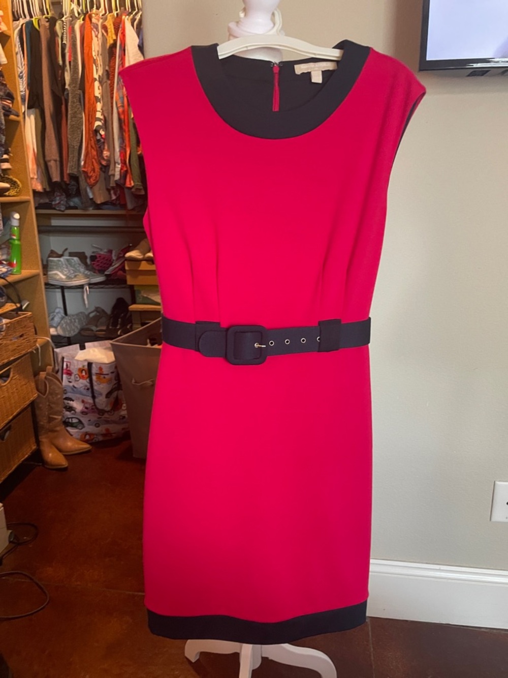 Banana Republic Red Midi Dress with Black Trim and Belt